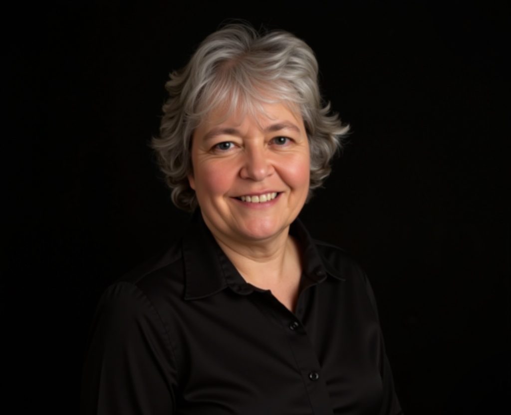 Susan is a white woman with short, wavy silver hair. She is wearing a black button-up shirt, adding to the professional yet friendly appearance.