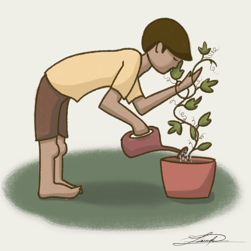 Drawing made by Leonardo Ramon Zamora Briceño depicting a young boy in a yellow shirt and brown shorts, bending over to water a passion fruit vine.