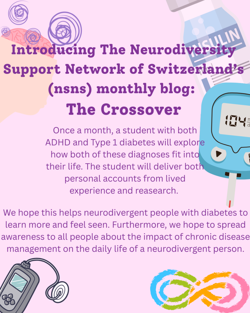 There are 9 images with text describing the experience of author GL with the crossover between type 1 diabetes and ADHD.